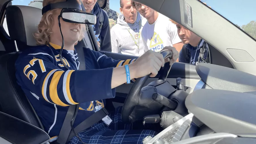 Student wearing VR headset